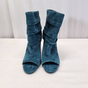 GUESS Adilee Teal Chain Pleated Peep Toe Stiletto Leather Booties Aize 9.5 M